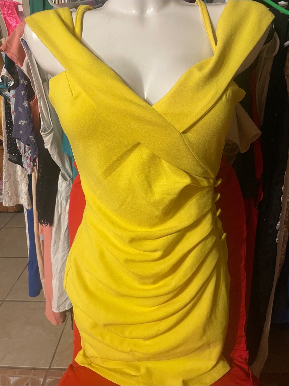 Fashion Nova Bright Yellow Ruched Wrap Mini Dress